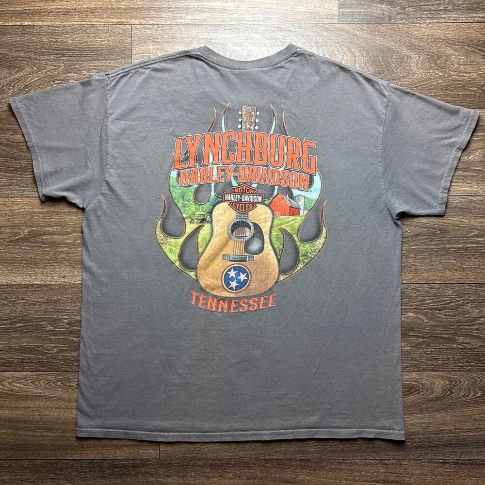 Grey Harley Davidson Lynchburg Tennessee Tee; Guitar Graphic & Flames